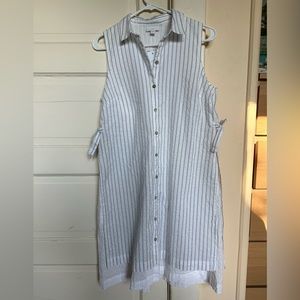 J. Jill White Striped Sleeveless Button-Down Side Tie Casual Linen Dress NWT
